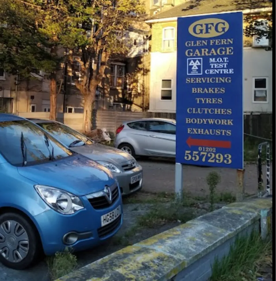 The GFG Glen Fern Garage sign: MOT test centre, servicing, brakes, tyres, clutches, bodywork, exhausts, 01202 557293